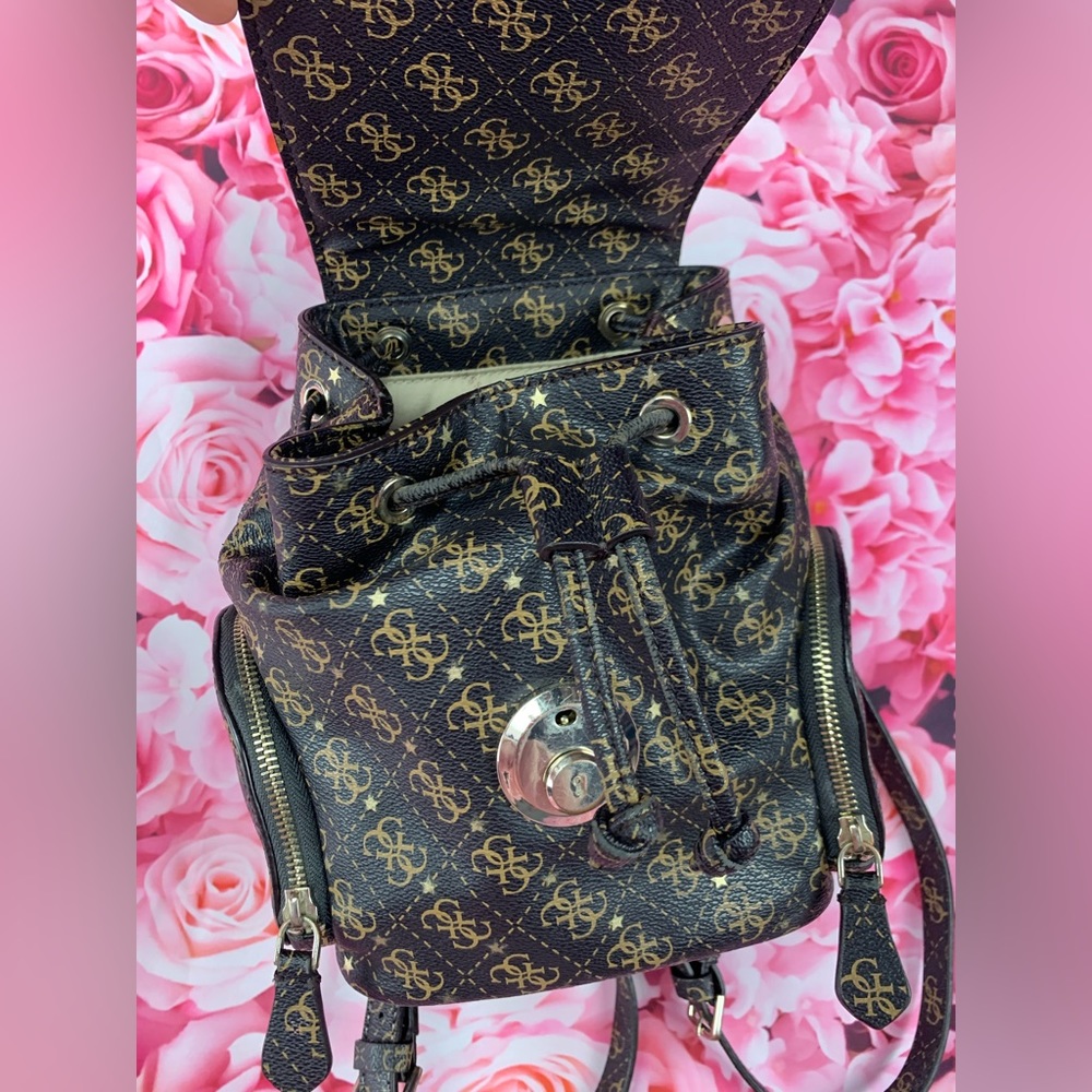 GUESS🤎brown leather like G monogram mini bucket hobo backpack bag - Picture 8 of 13